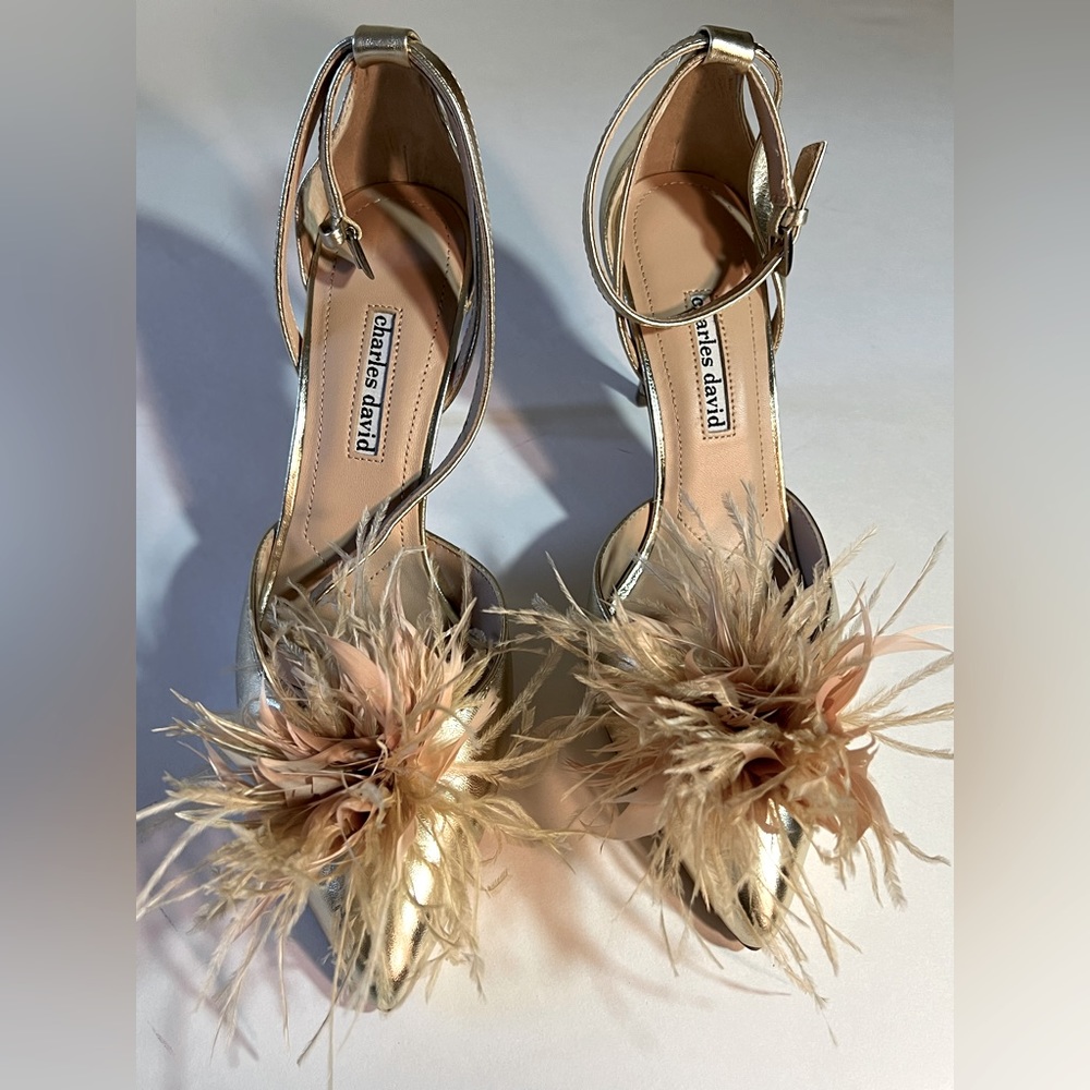 Charles David gold heels with feather poms, NWT, size 9.5